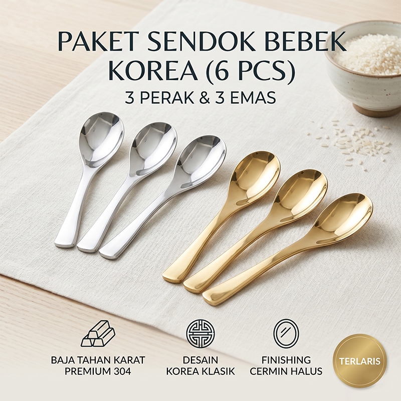 Korea gaya sendok set 6 set stainless steel sendok perak emas