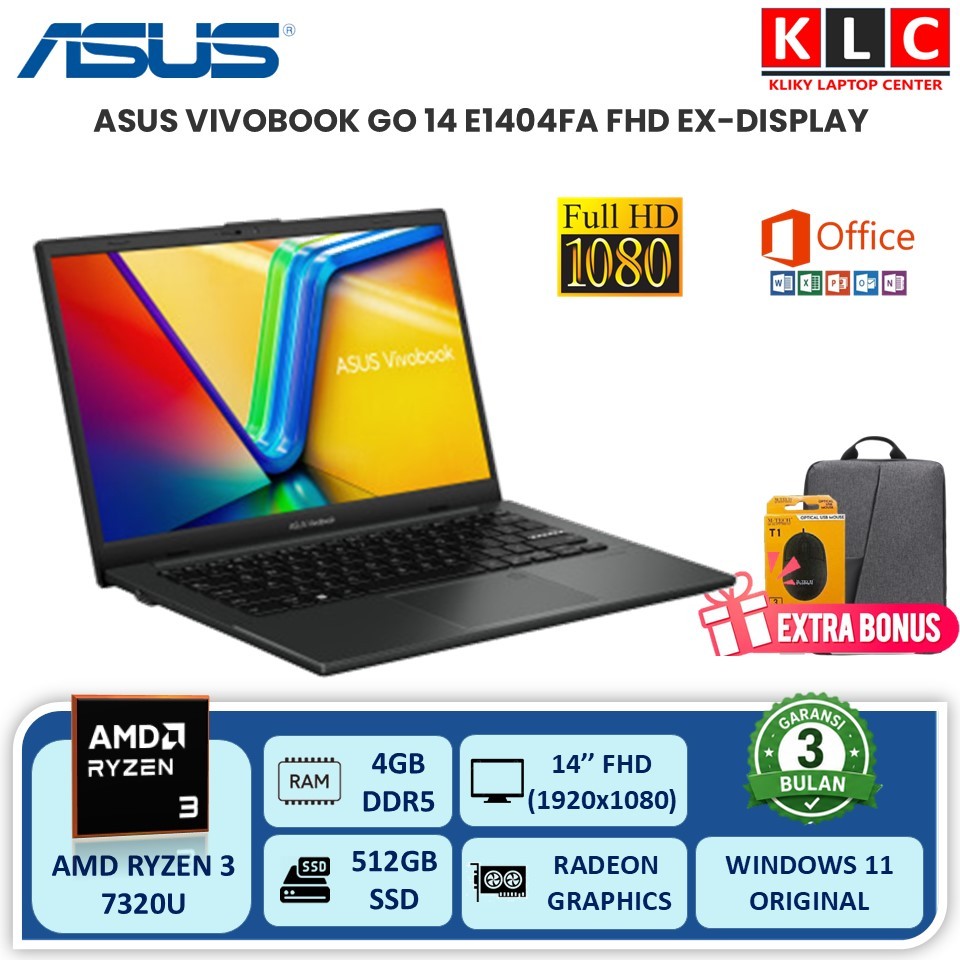 Laptop Kerja Asus Vivobook go 14 E1404FA Amd Ryzen 3 7320U 512GB Ssd 14.0 Full HD EX-DISPLAY