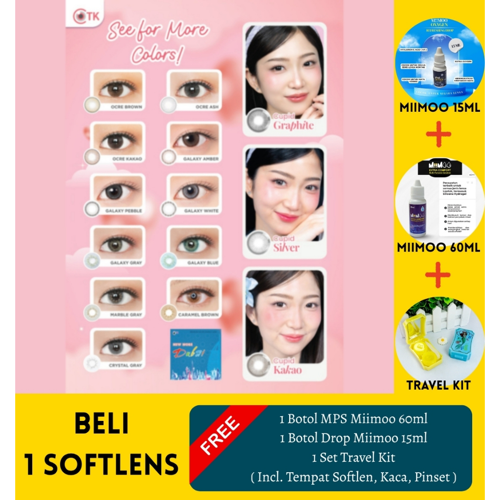 Bundling Softlens New More Dubai Minus -0.50 sd -1.75 + MPS Miimoo 60ml + Drops miimoo 15ml + Travel