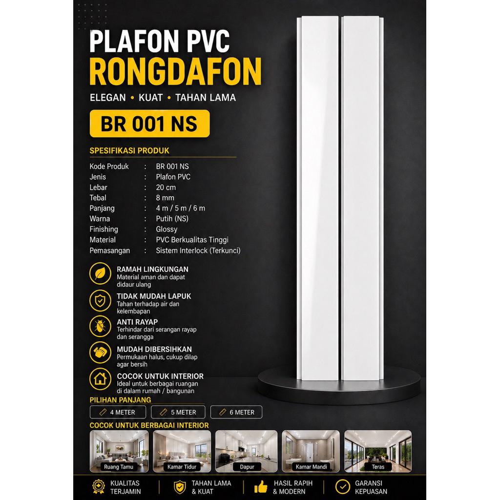 plafon pvc putih nat silver BR 001NS GLOSSY RONGDAFON