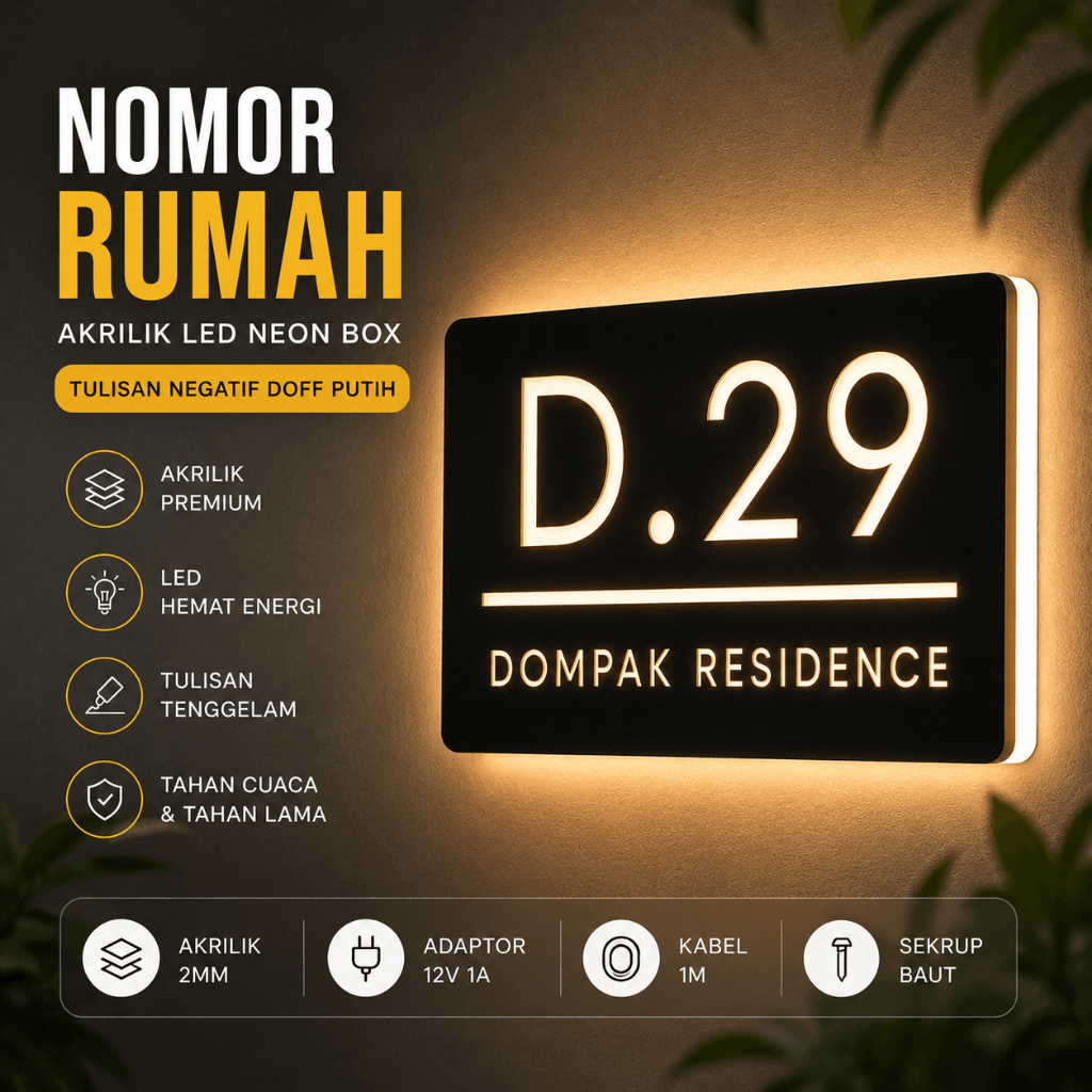 Nomor Rumah Akrilik LED Neon Box Acrylic Tulisan Negatif Doff Putih Custom