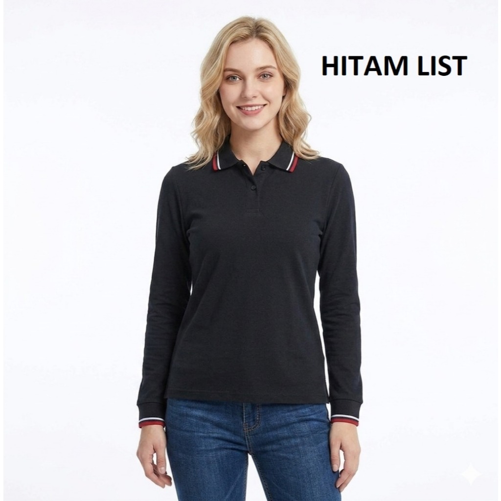 Kaos Kerah FO LIST Panjang Wanita warna Hitam - Kaos Kerah Lengan Panjang FO LIST - Kaos Kerah Perem