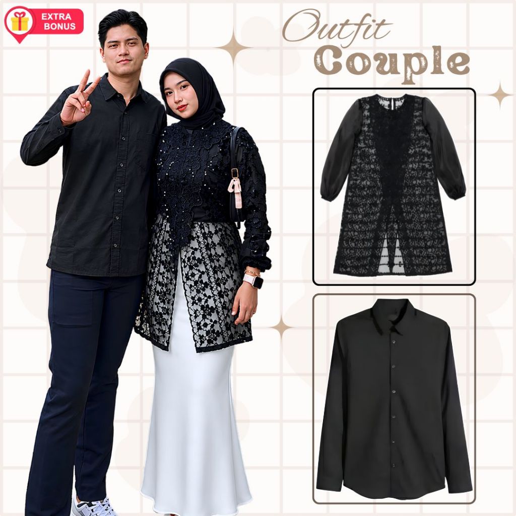 OneSet Couple Tunik Brukat Rok Duyung Hijab Segi Empat Wanita Kemeja Basic Lengan Panjang Polos Pria