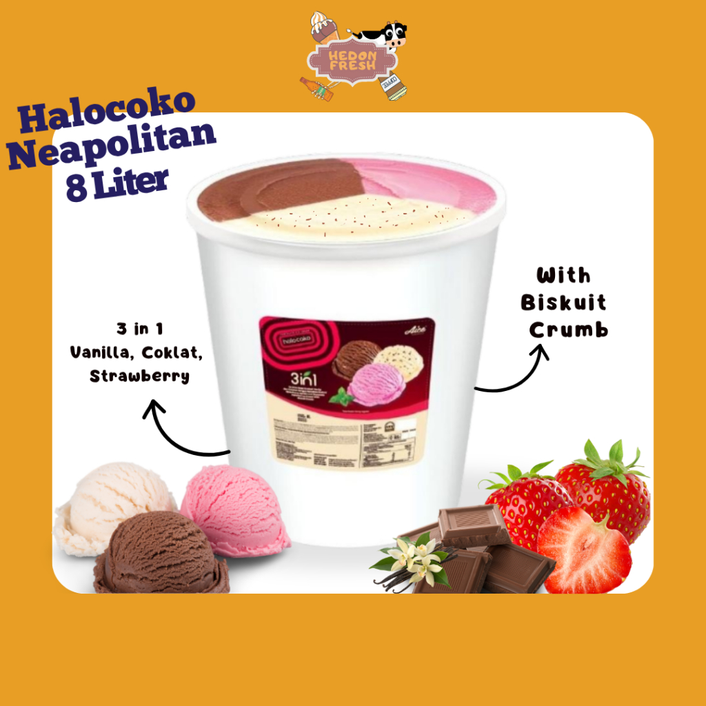 Ice Cream AICE Halocoko Rasa Neoplitan Chocochip Cookies 8 Liter Es Krim Neapolitan - Cabang Bandung
