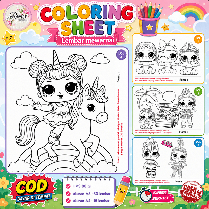 [30 lmbr mix] Kertas Mewarnai tema LOL / Kertas Gambar / Kertas Warna Anak TK SD / Watercolor
