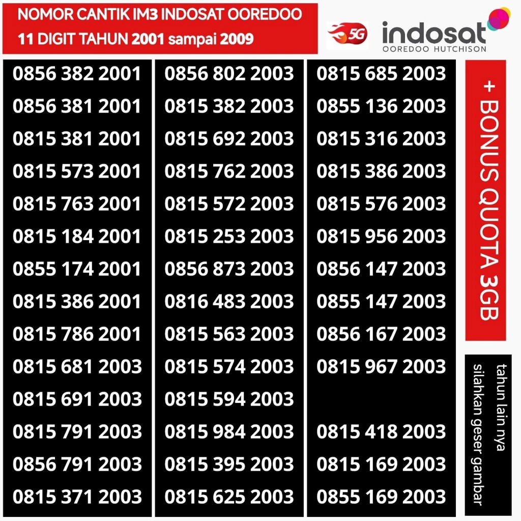 seri tahun im3 Indosat Ooredoo  2001 2003 2004 2005 nomor cantik 11 digit nomer kartu perdana bonus 