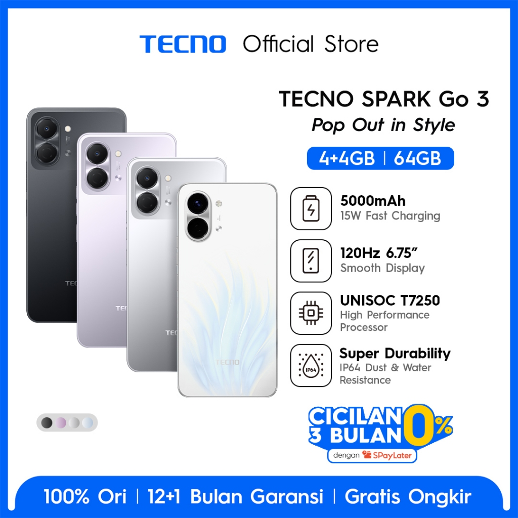 TECNO SPARK Go 3 4GB+4GB*/64GB, IP64, 6.75' HD+, 120Hz Smooth Display, 5000mAh, 15W* Charging, Freelink Communication, TECNO AI - sparkgo3