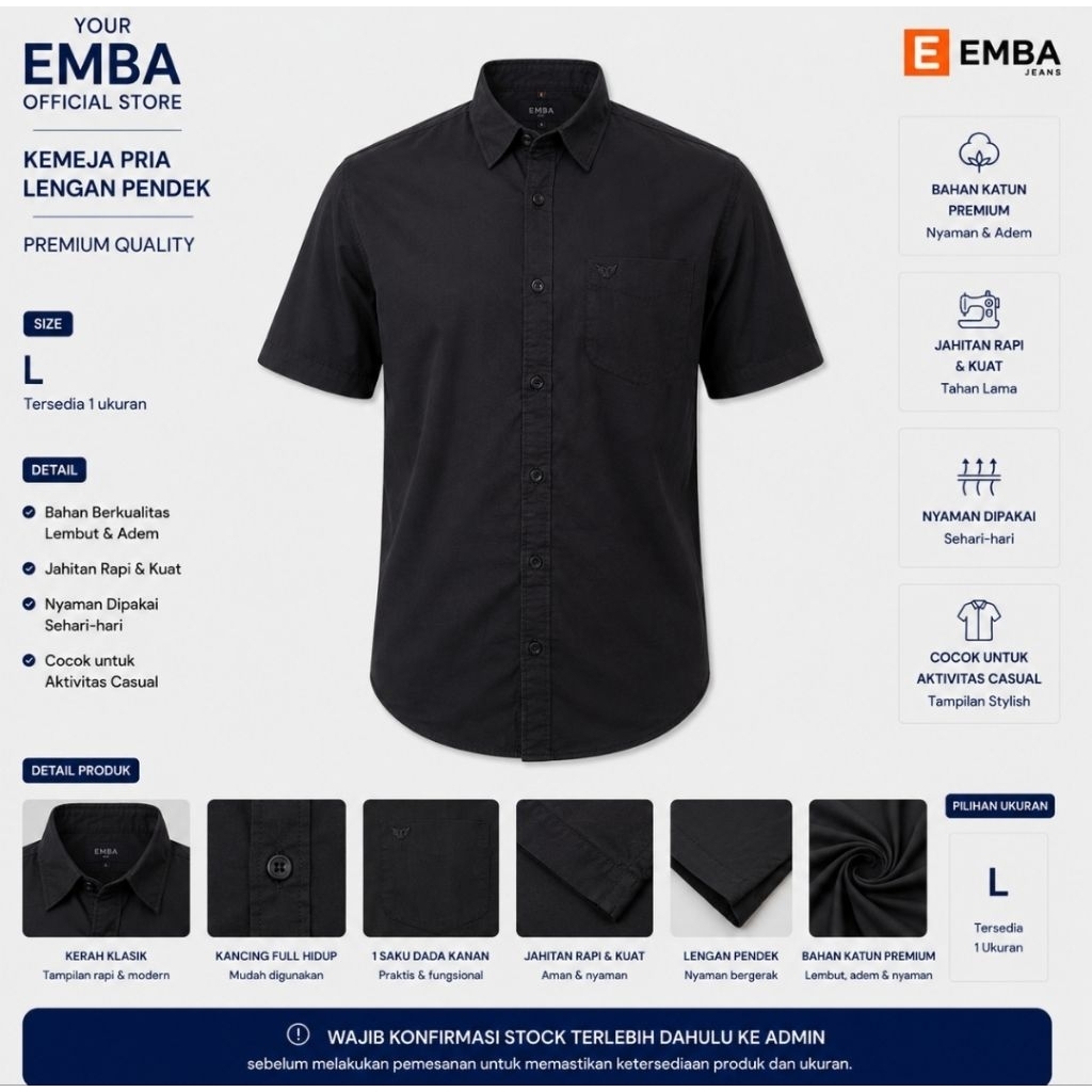 EMBA Kemeja Pria Hitam Polos Size L Lengan Pendek