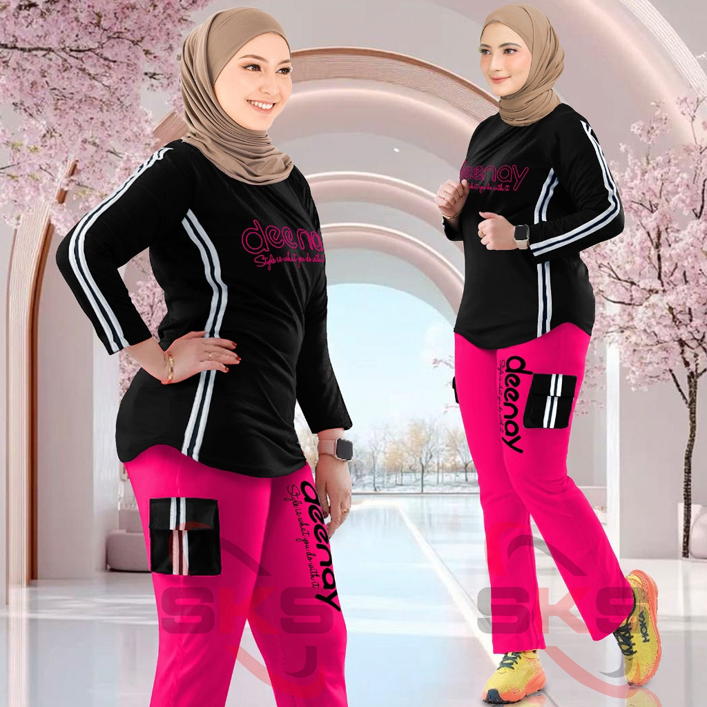 Setelan Olahraga Wanita Kombinasi Celana Cargo Sporty Motif DEENAY Set Training Senam Oneset Gratis 