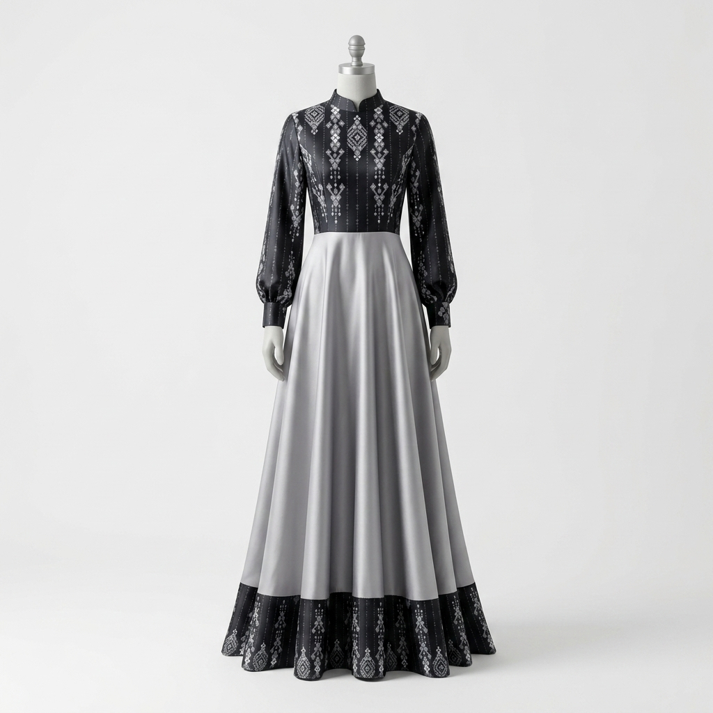 Hibiscus - Gamis/dress muslimah Panjang Wanita Elegan Satin Abu Hitam Motif Dress Lengan Panjang Out