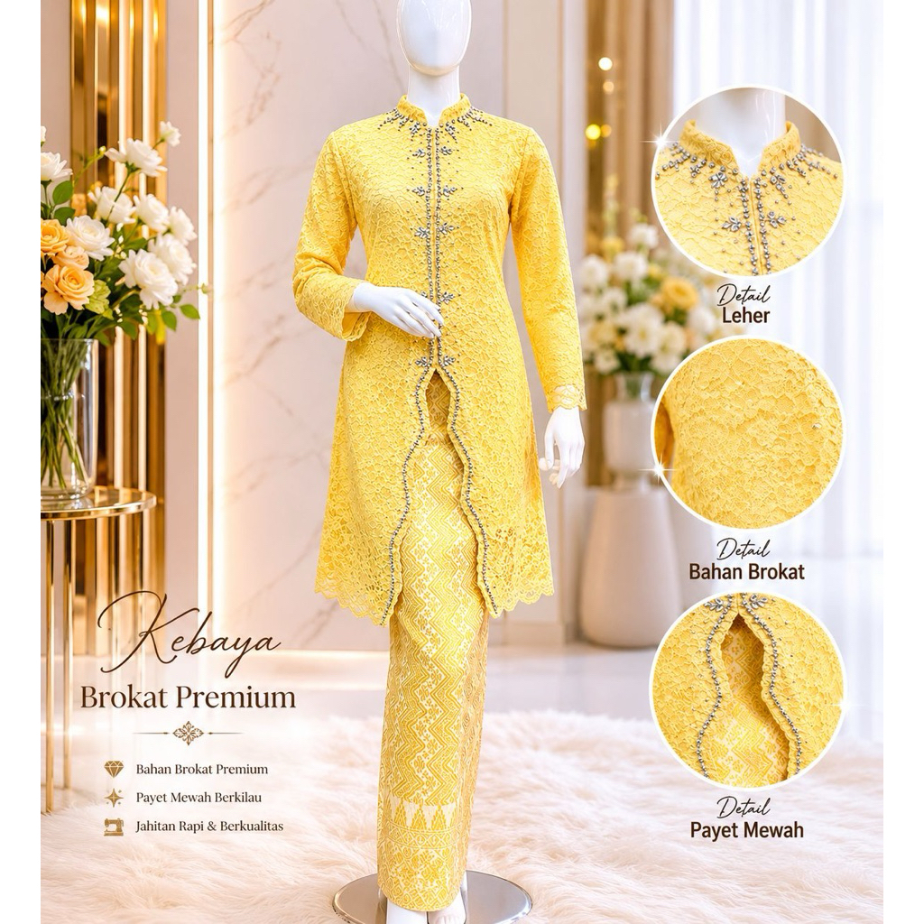 Kebaya Brokat Premium Kuning Payet Mewah Set Rok Batik Modern Elegan Kondangan Wisuda Lamaran