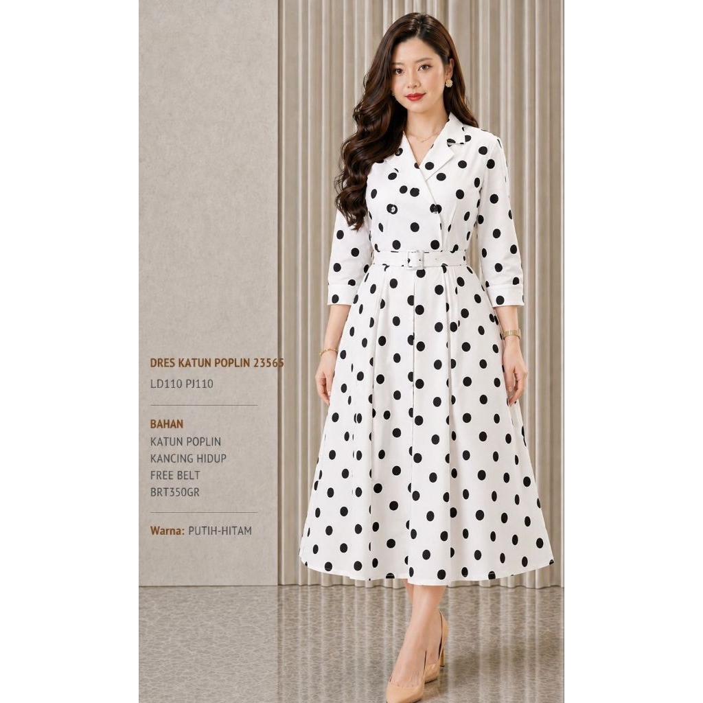 JP 23565 DRESS KATUN POPLIN LD 110CM POLKADOT HITAM PUTIH/ DRESS POLKA VIRAL