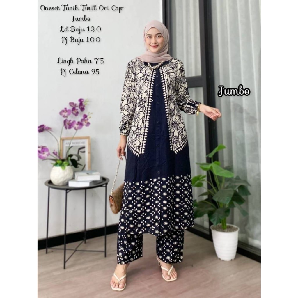 Setelan Tunik Panjang Celana Kulot Batik Busui Friendly Twill Ori Premium Jumbo LD 120