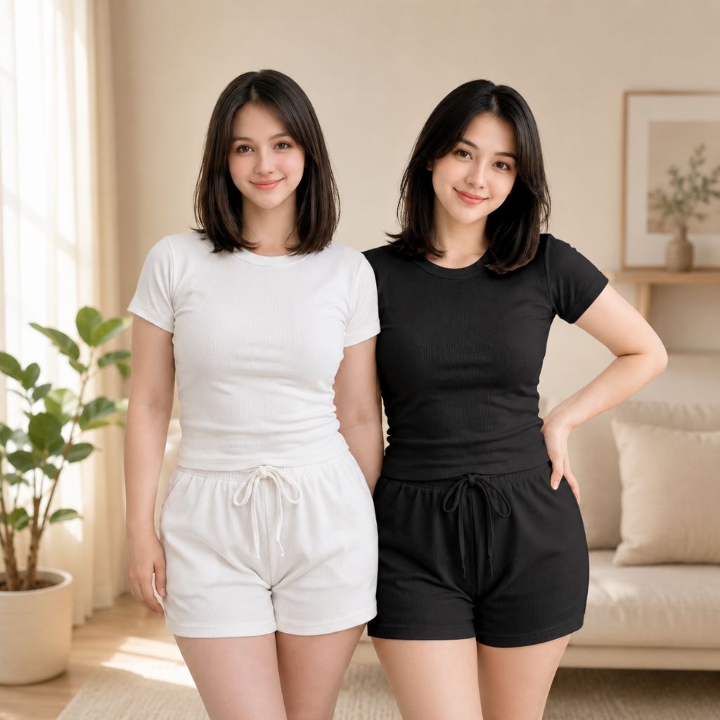 One Set Rib Knit,Basic stelan Sanita Flexa. Setelan baju  Celana Pendek one set wanita kekinian Kore