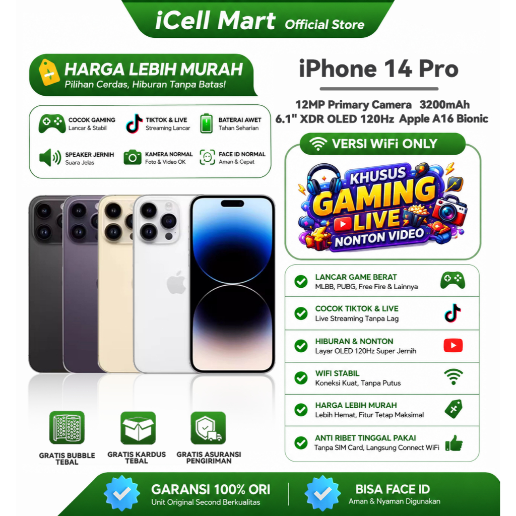 iPhone 14 Pro 128GB 256GB WiFi Only Game Edition Mulus Full Function Cocok Gaming Live Streaming Tik