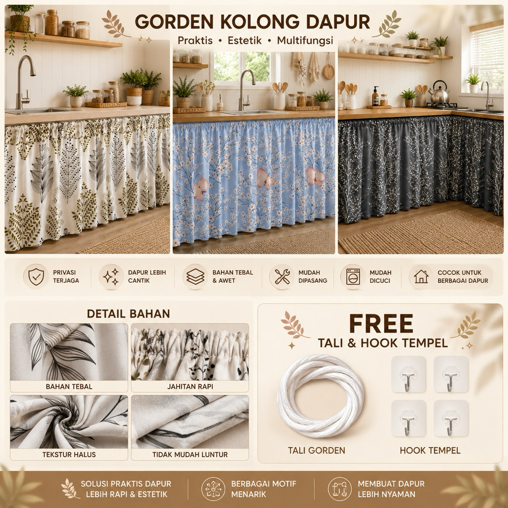 Gorden Kolong Dapur Modern Hordeng Kain Penutup Meja Kompor Murah Estetik