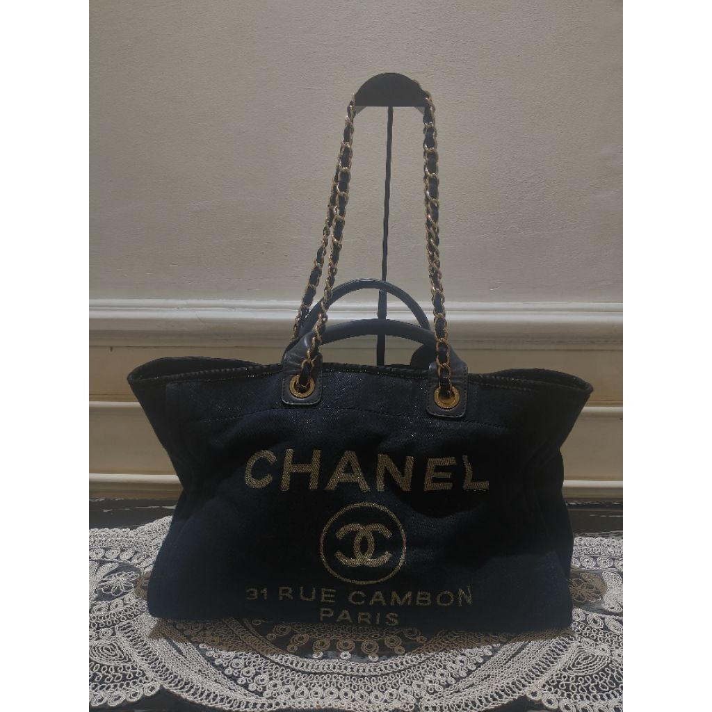 CHANEL Deauville Tote Blue Denim Gold Chain Preloved Luxury Bag