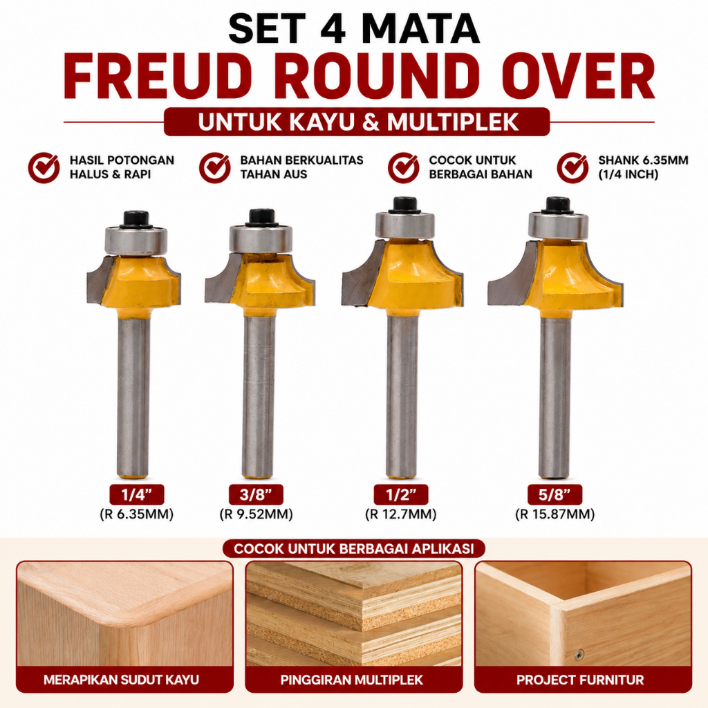 Mata Router Round Over 1/4 Inch Set 4 PCS Mata Profil Kayu Bulat Pisau Trimmer Kayu MDF Multiplek