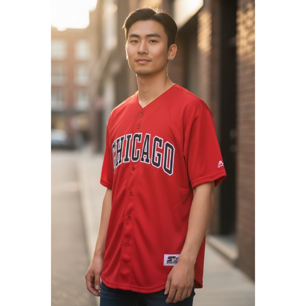 JERSEY BASKET BERLENGAN SLEEVE JERSEY STARTER MLB CHICAGO BULLS MERAH