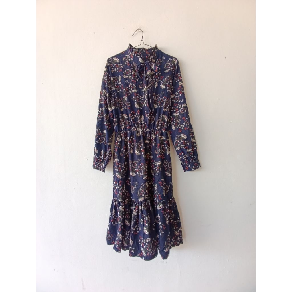Deep Navy Flowers Pita Ruffle Dress Tunik Umpak Premium Lucu Ala Korea Smoke