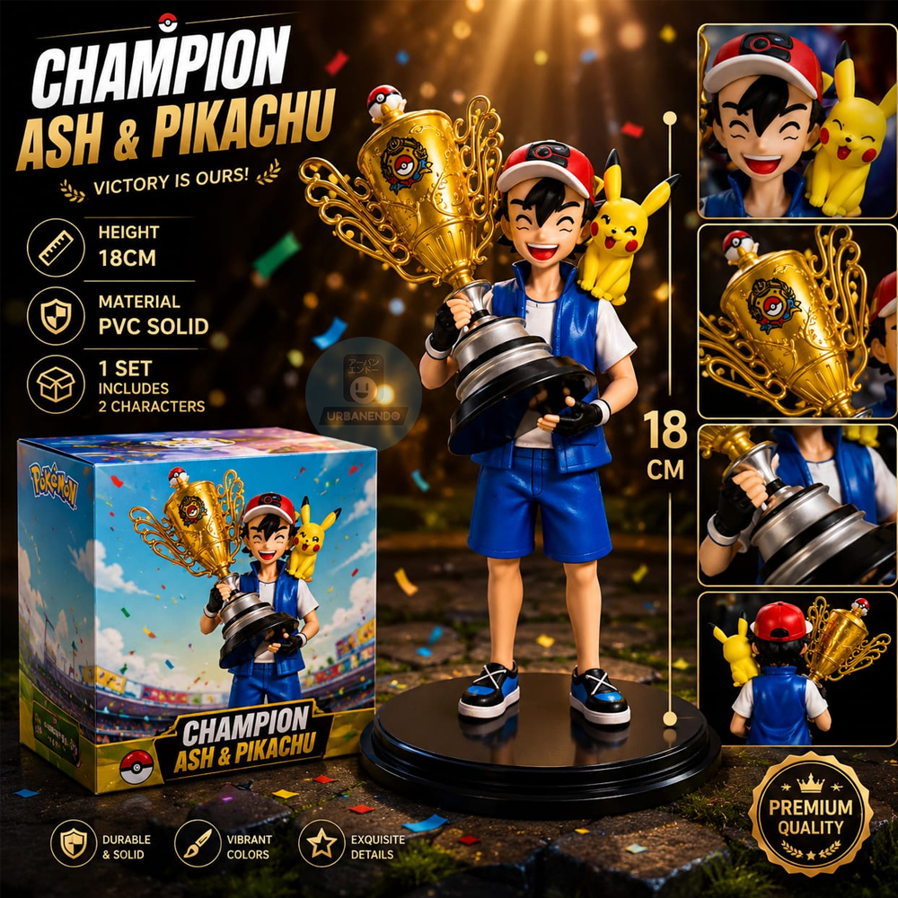 [URBANENDO] ASH PIKACHU Champion Juara Action Figure Pokemon Mainan Statue TCG