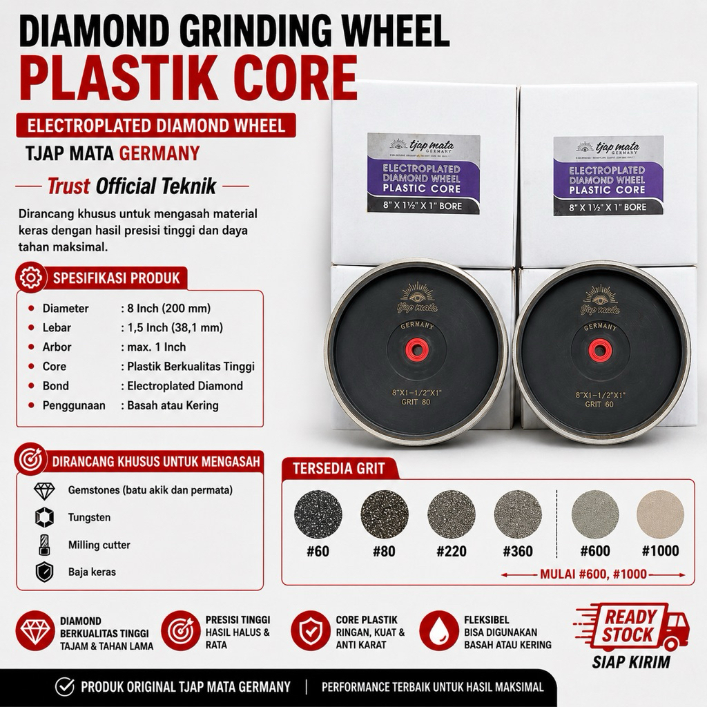 Diamond grinding Wheel 8" x 1.1/2" x 1" Tjapmata Plastic Core