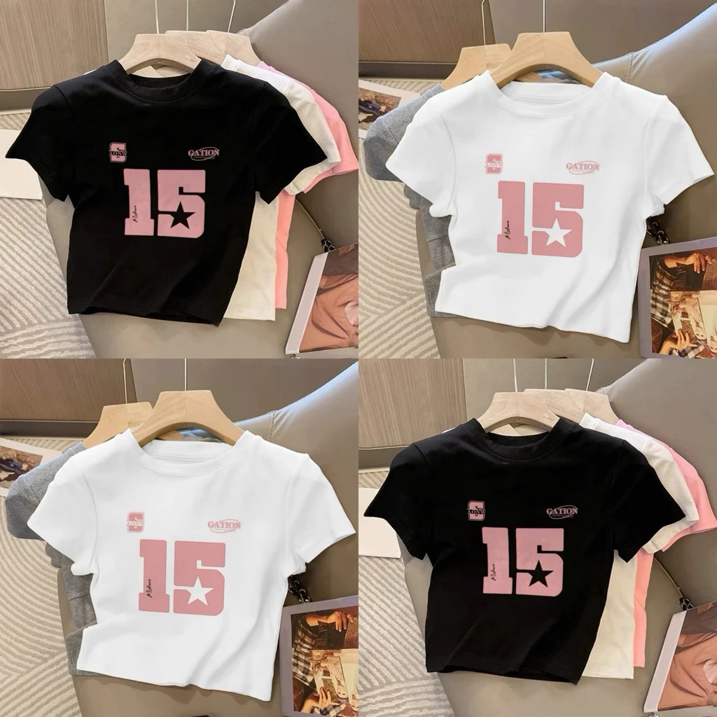 BAJU CROP TOP LENGAN PENDEK KAOS WANITA CROP TOP KOREA 15 ALPHABET PRINT BAJU CROP TOP WANITA RIB