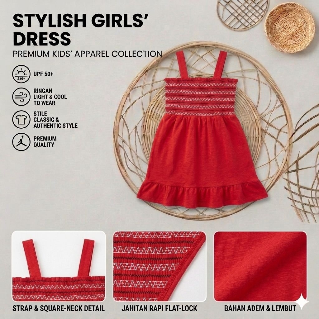 DRESS ANAK PEREMPUAN SMOCKED/ DRESS ANAK MURAH/ DRESS ANAK PEREMPUAN MOTIF ZIGZAG/ DRESS ANAK PEREMP