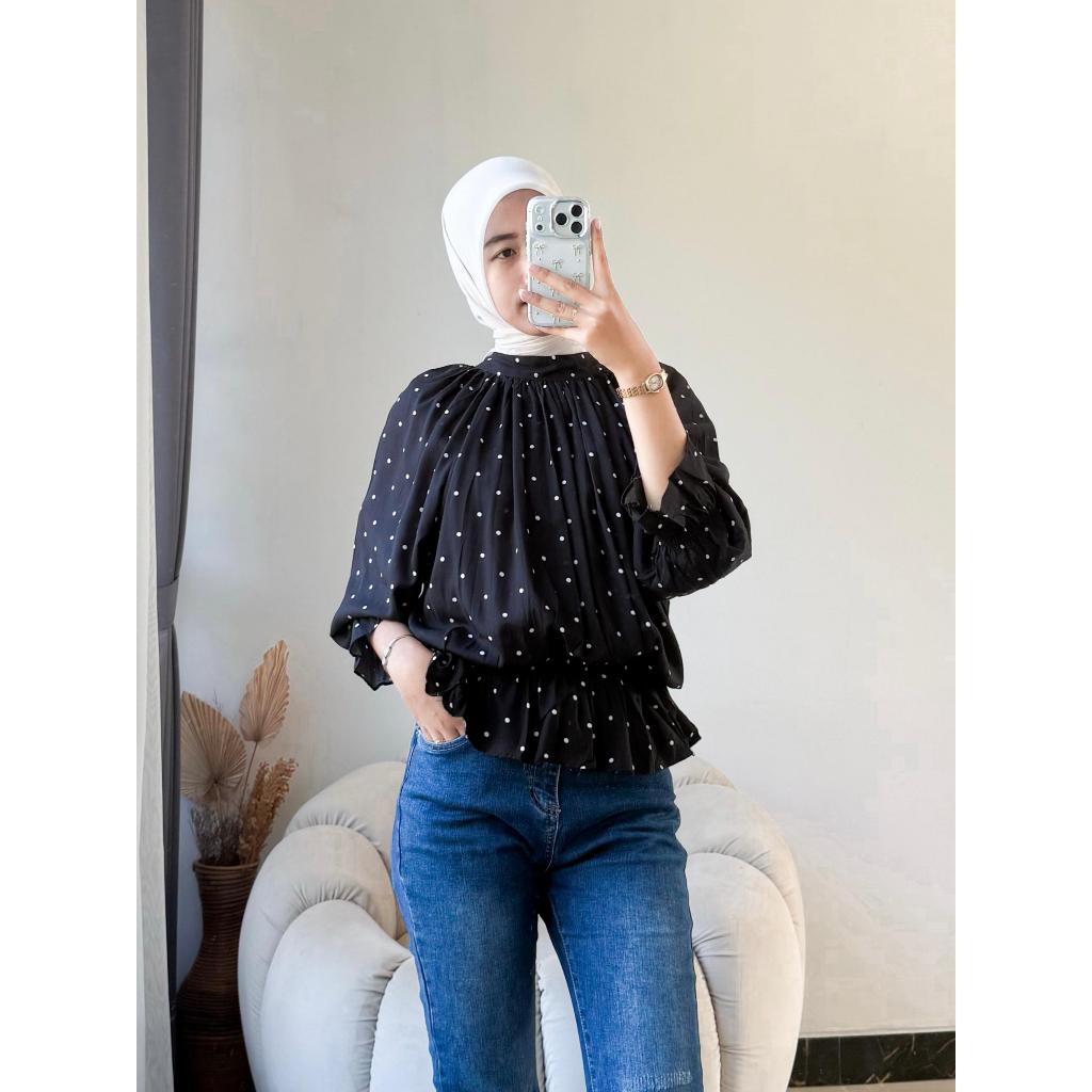 Blouse Motif Atasan Wanita Casual Rayon Motif Polka Kekinian