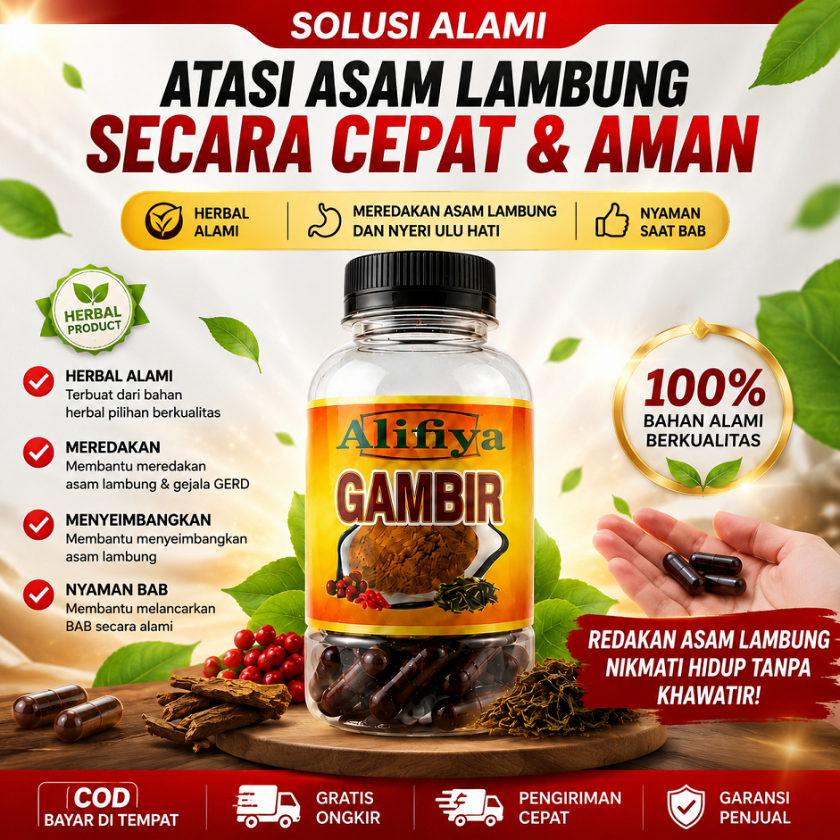 Obat Lambung Asli Herbal Terbaik Atasi Asam Lambung Naik, Maag & Gerd 30 Kapsul Gambir Alafiya