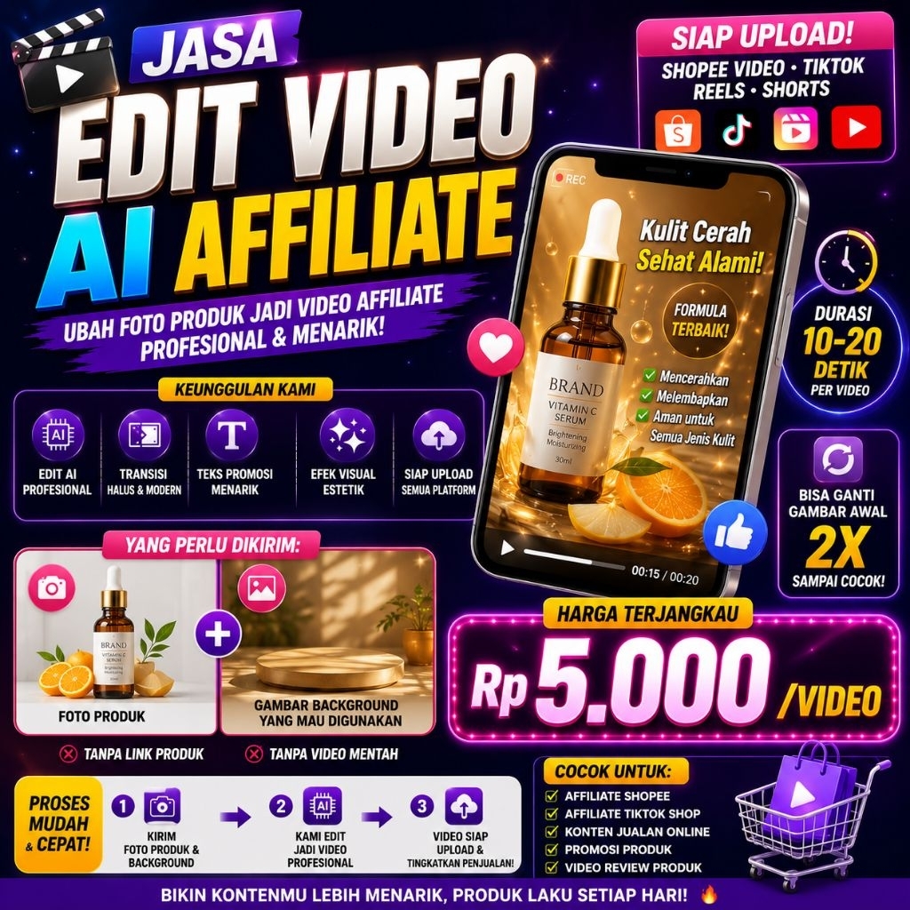 Jasa Edit Video AI Affiliate Shopee & TikTok | Video Promosi Produk Profesional | Rp5.000/Video (10-