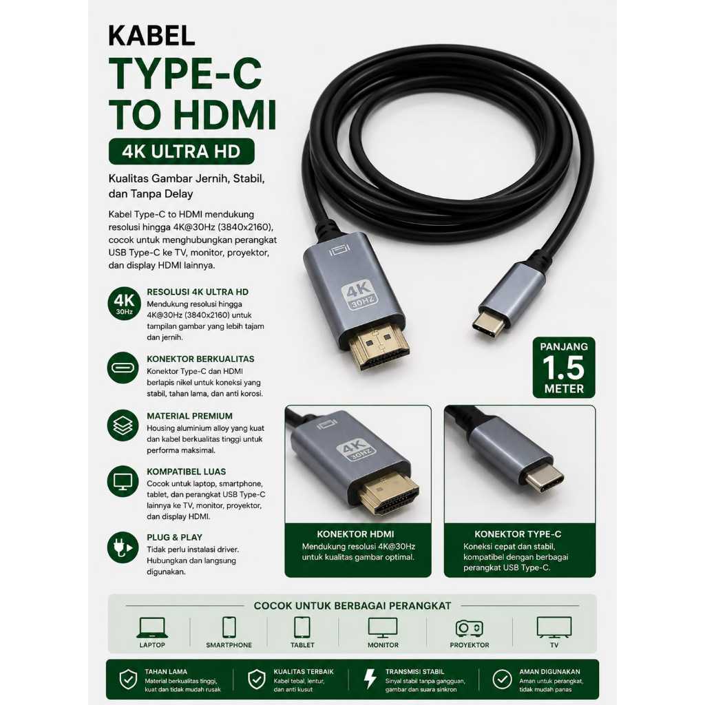 USB C TO HDMI HDTV CABLE TypeC ke HDMI / CONVERTER TYPE-C TO HDMI KABEL