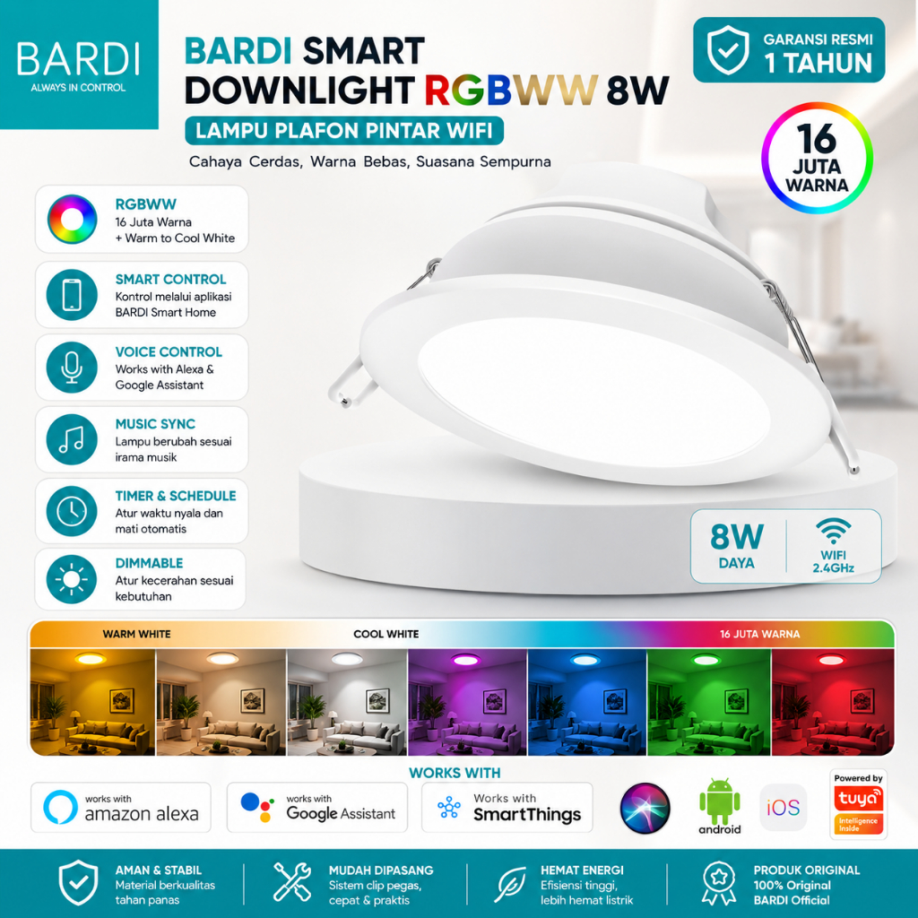 BARDI Smart Downlight RGBWW 8W Lampu Plafon Pintar WiFi