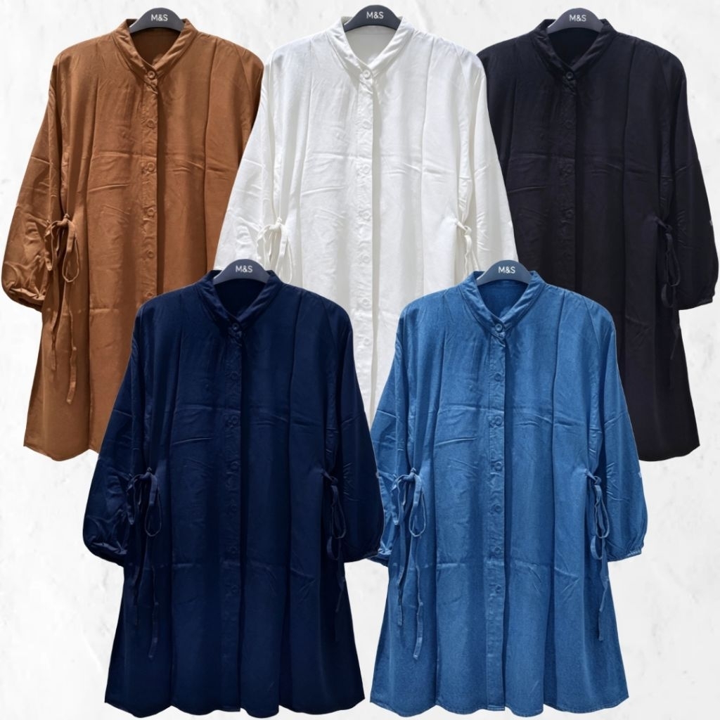 (LD 120 cm) Tunik Midi Jumbo Polos Tunik Full Kancing Tali Samping Tunik Murah Long Tunic Hitam Navy