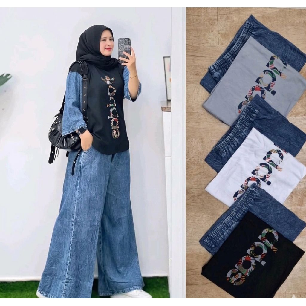 Baju Celana Set Wanita Combet Denim Lengan 3/4 Kulot Jeans Wash Adem Busui Friendly 3 Warna Hitam Ab