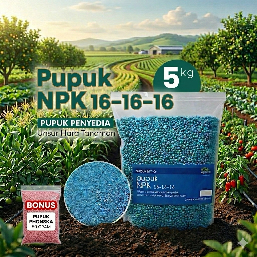 Pupuk NPK Mutiara 16-16-16 Repack 5 kg. Meningkatkan Pertumbuhan Tanaman [Bonus Phonska]