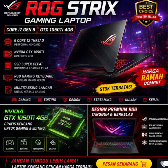 Laptop gaming Terbaik Asus ROG Strix GL503GE Core i7-8750H RAM 8GB Nvidia GTX 1050Ti SSD Laptop Seco