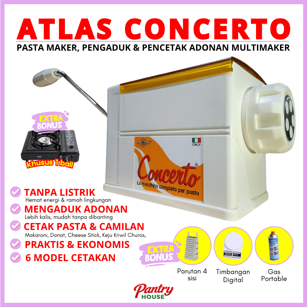 ATLAS CONCERTO Pasta Maker Alat Cetak Makaroni Pengaduk Adonan Roti 5 Cetakan