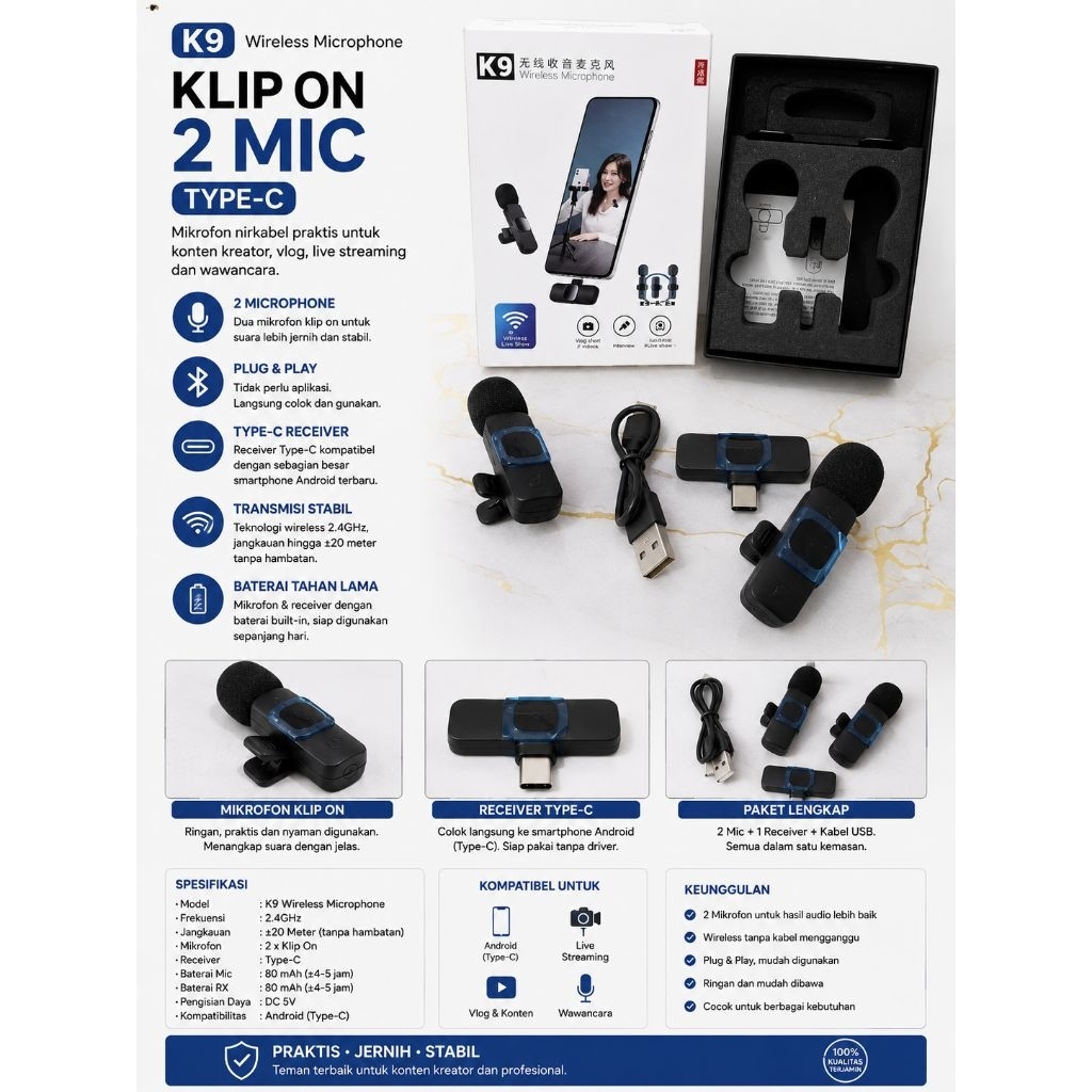 Mic klip on microphone wireless k9 dual mic type C tipe C UNTUK handphone ANDROID model 2 mic