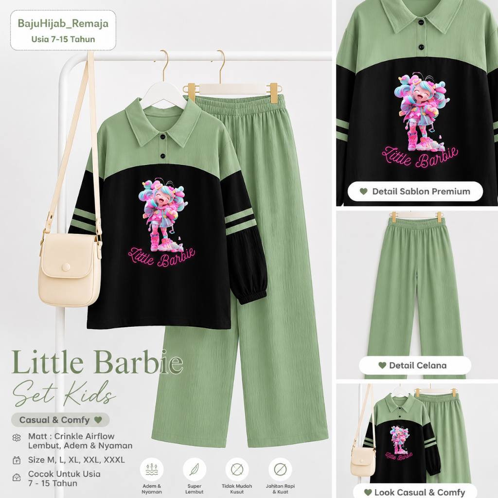 [Premium Set] Setelan Anak Berbie Bahan Crinkle Air Flow Kekinian Terlaris Dan Viral Little Barbie S