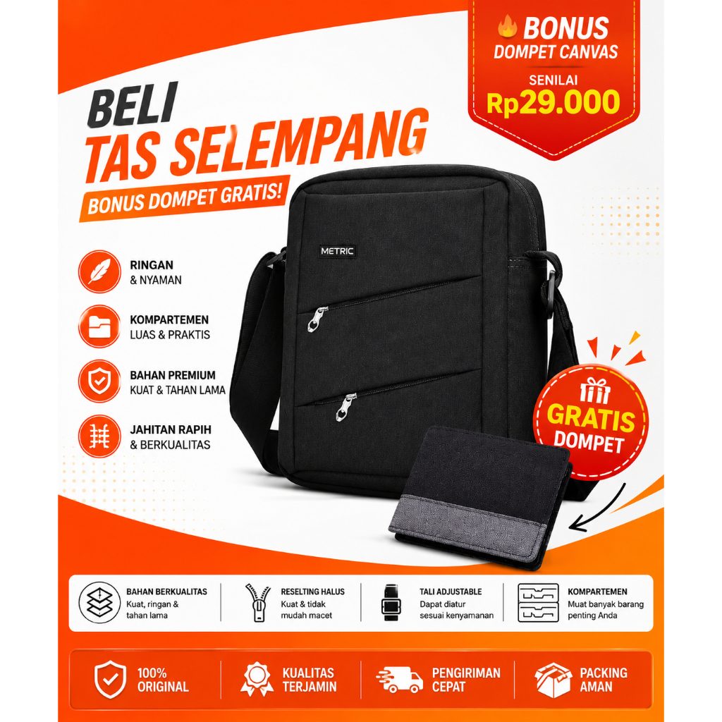 GRATIS DOMPET KANVAS Tas Selempang Metric Kualitas Premium Kanvas Tas Bahu Pria Multifungsi Tas hang