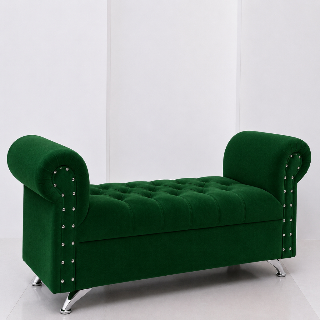 Sofa Elegan Bench Tangan – Chaise Lounge + Stool Bulat Kayu Sofa Ruang Tamu Sofa Minimalis