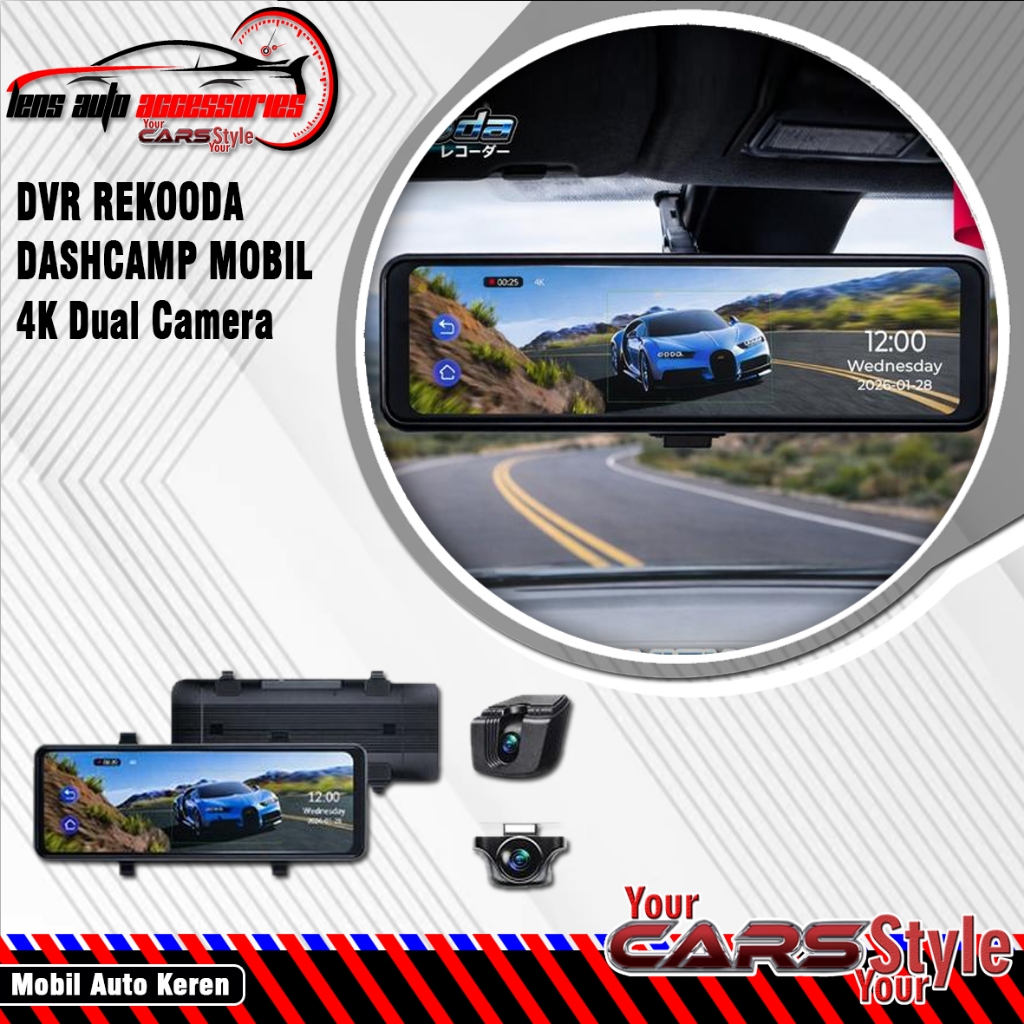 DVR REKOODA Kaca Spion Tengah Dashcam Mobil 4K Dual Camera