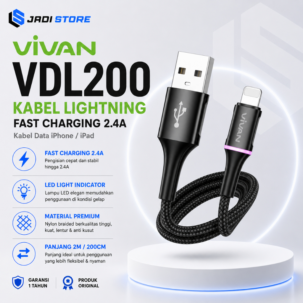 VIVAN VDL200 Kabel iPhone Lightning 2.4A LED Light Fast Charging 2M 200CM Kabel Data iPhone iPad Ori