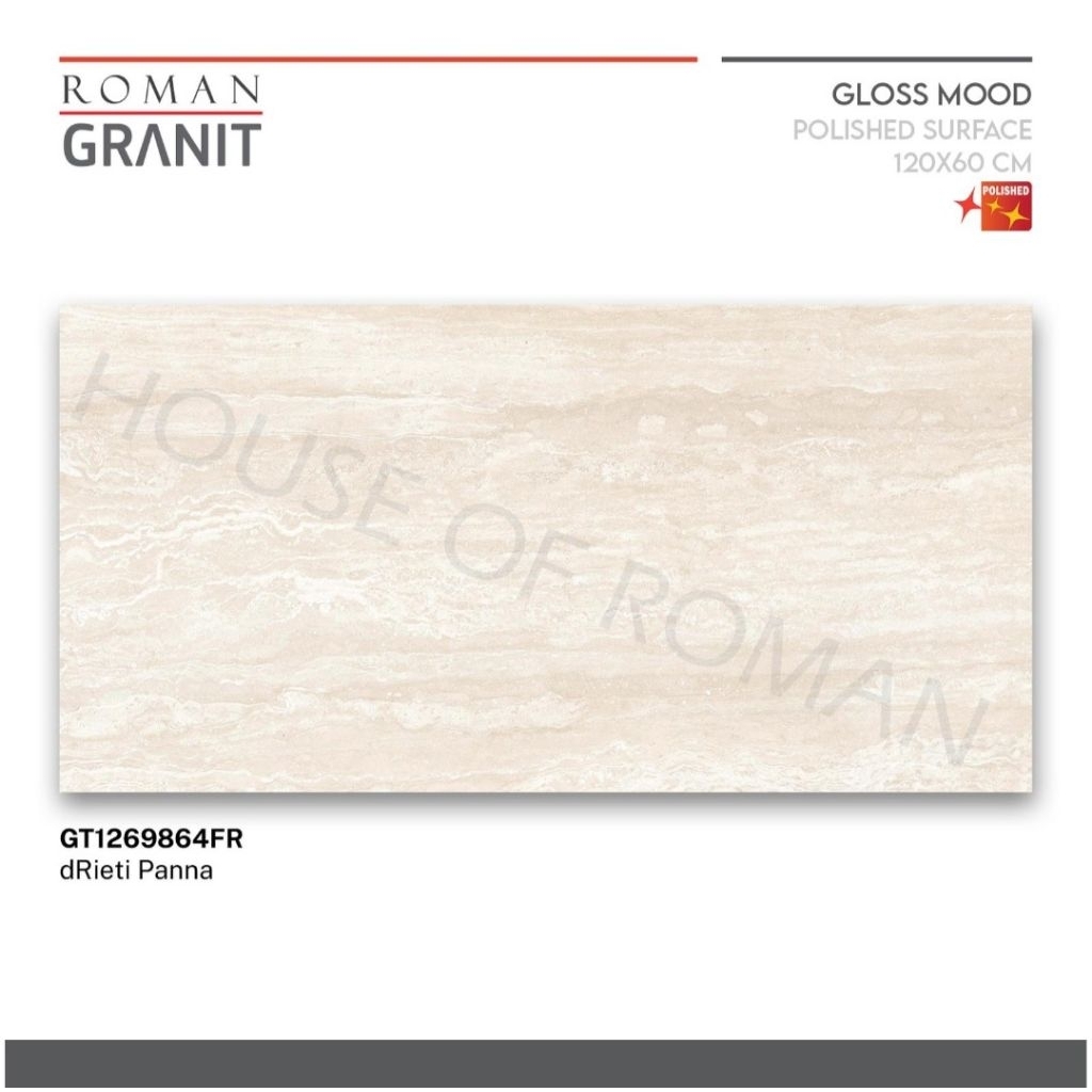 Roman Granit Glossy 60x120 dRieti Panna (Gloss Mood) / Granit Motif Travertine / Granit Dinding Faca