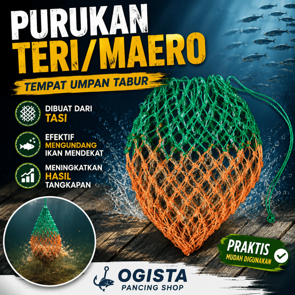 PURUKAN JARING MAERO/TERI TEMPAT UMPAN TABUR BAHAN TASI PANCING PEMANGGIL IKAN BERKUMPUL