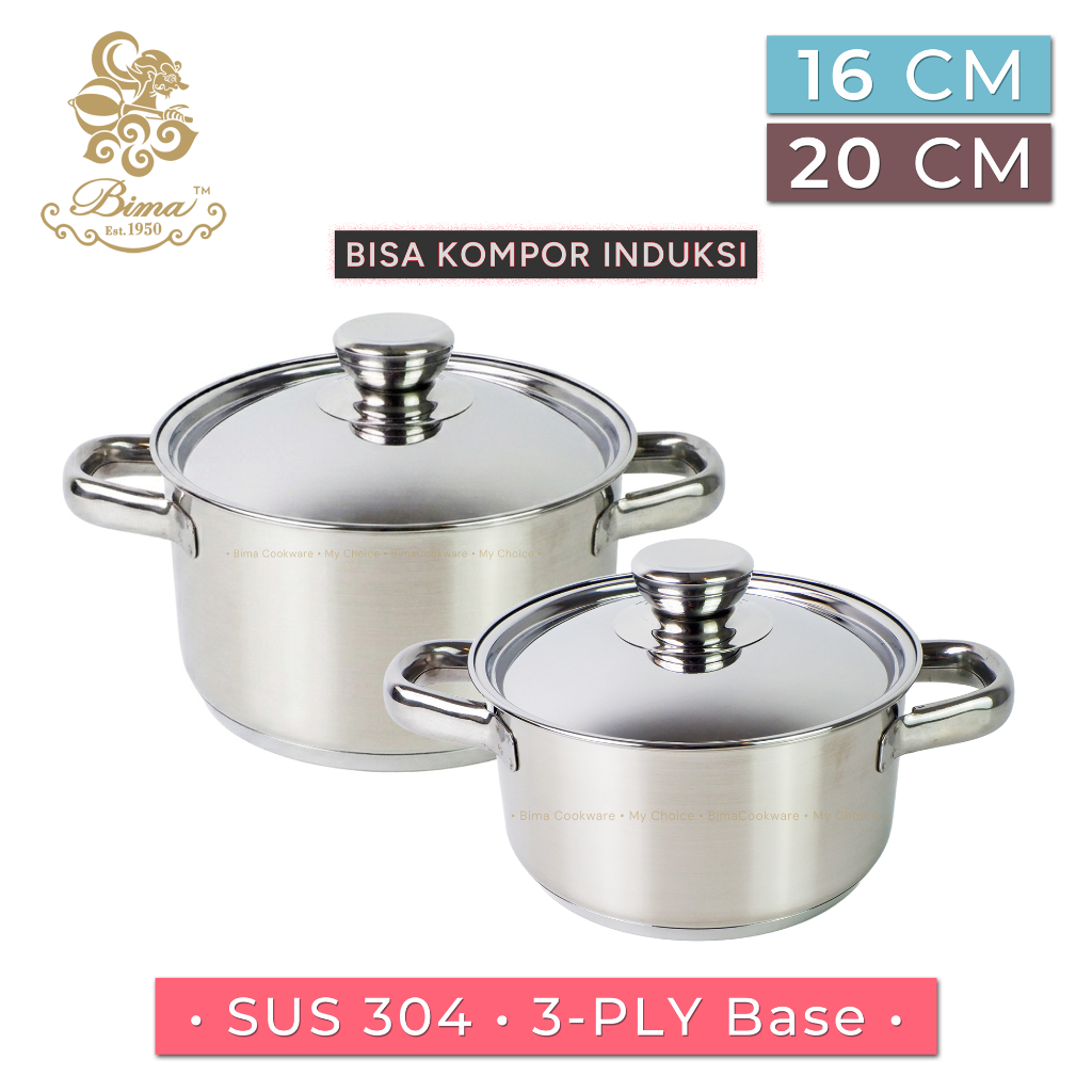 BIMA Panci Stainless Steel 304 Premium 20cm 16cm +Tutup Anti Karat Food Grade MPASI Bisa Induksi - M