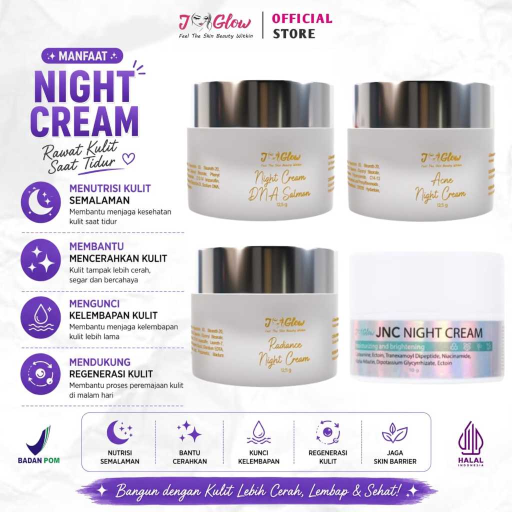 Jglow Night Cream 12,5gr – Cerahkan Wajah, Atasi Flek & Jerawat, Anti Aging | BPOM Resmi