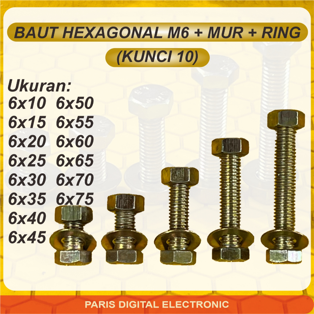 BAUT + MUR + RING BESI M6 HEXAGONAL KUNING, KUNCI 10, DRAT PITCH 1.25