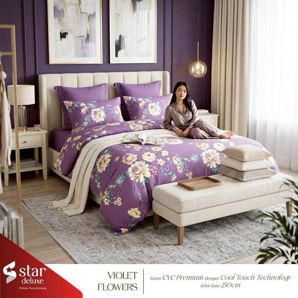 Seprai katun CVC star collection motif violet fowers (ajwa)